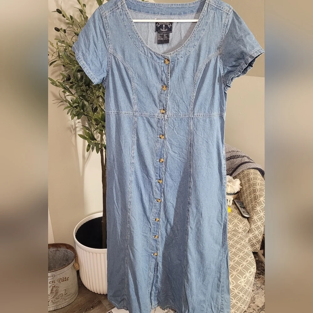 Vintage Solutions Cottage Core Button Down Denim Short Sleeve Maxi Dress Y2K
